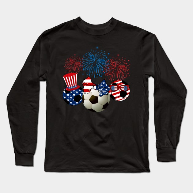 Soccer American Flag Fireworks Long Sleeve T-Shirt by Flavie Kertzmann